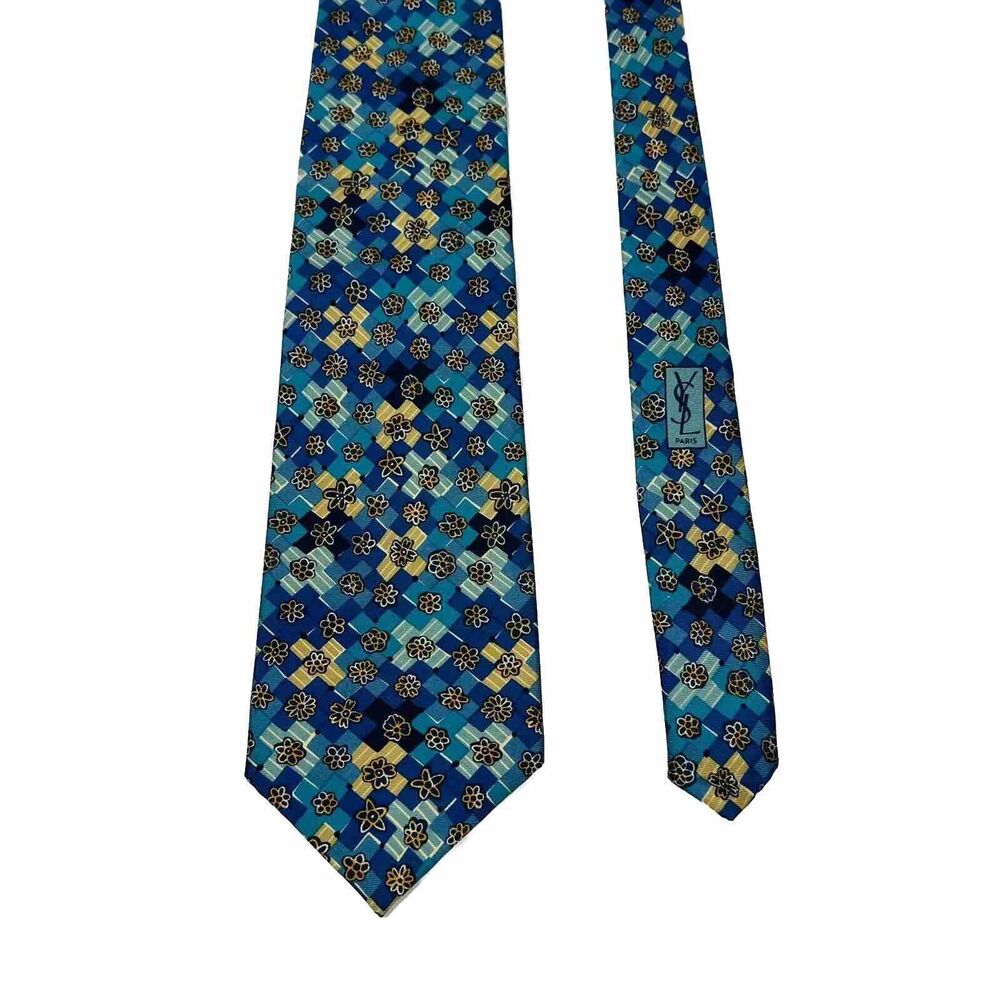 YSL Yves Saint Laurent Silk Necktie Blue Floral Geometric Handmade Italy